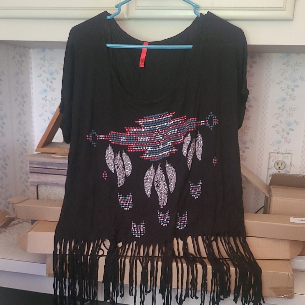Black Fringe Top with Feather Design